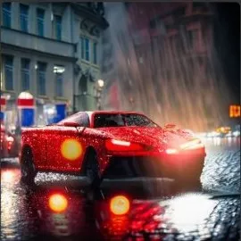 realistic photo, night rainy scene, red ferrari f40 in the streets of Prague