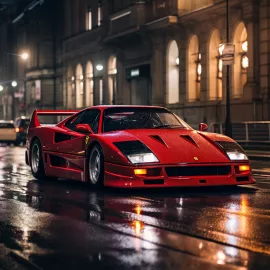 realistic photo, night rainy scene, red ferrari f40 in the streets of Prague